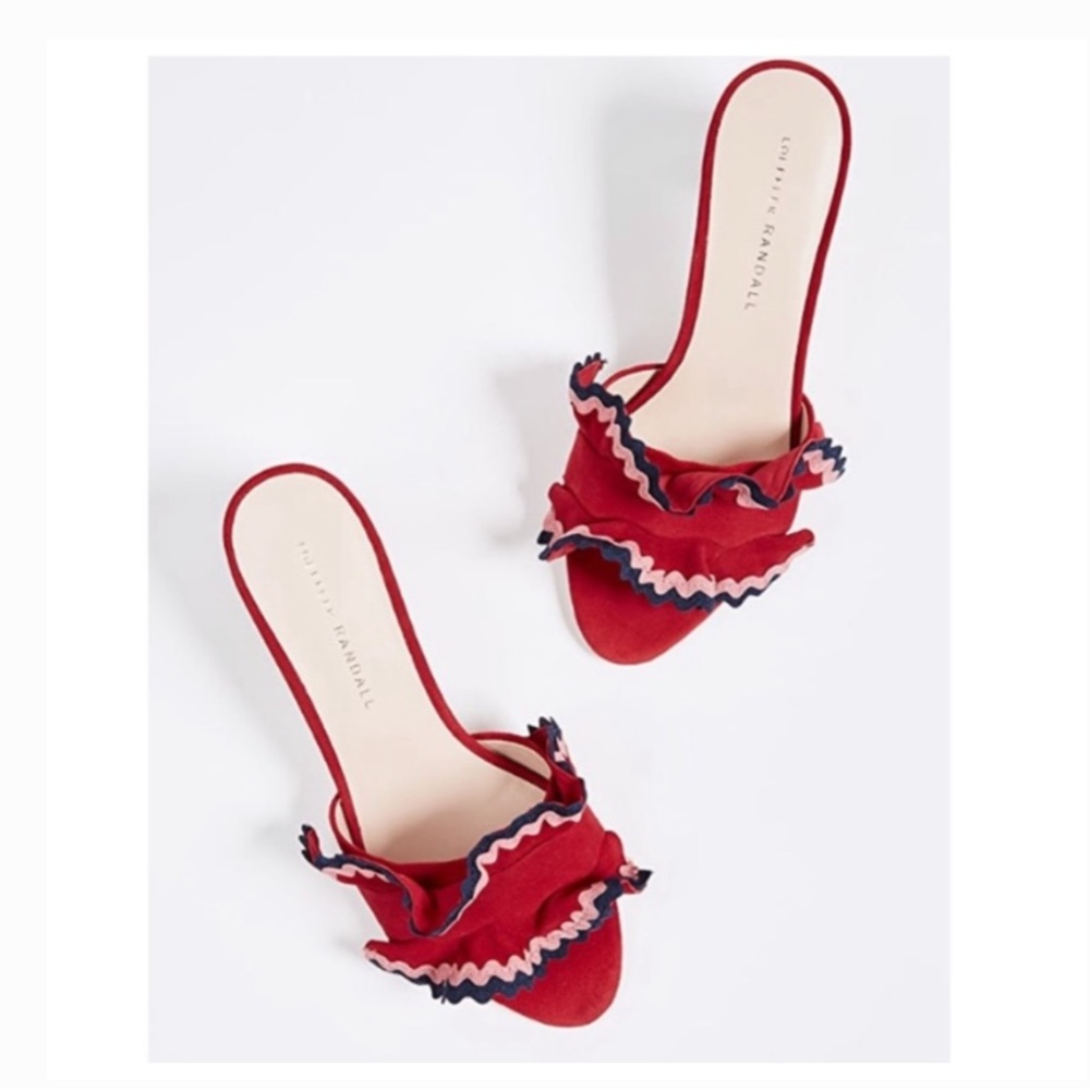 LOEFFLER RANDALL Vera City Red Suede Ruffle Slide Sandals - Picture 2 of 15